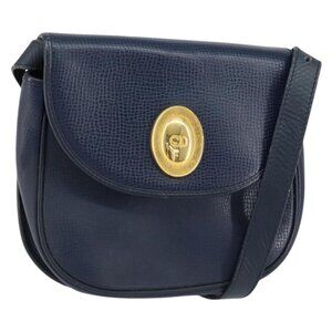 Authentic Christian Dior Shoulder Bag Leather Navy Gold